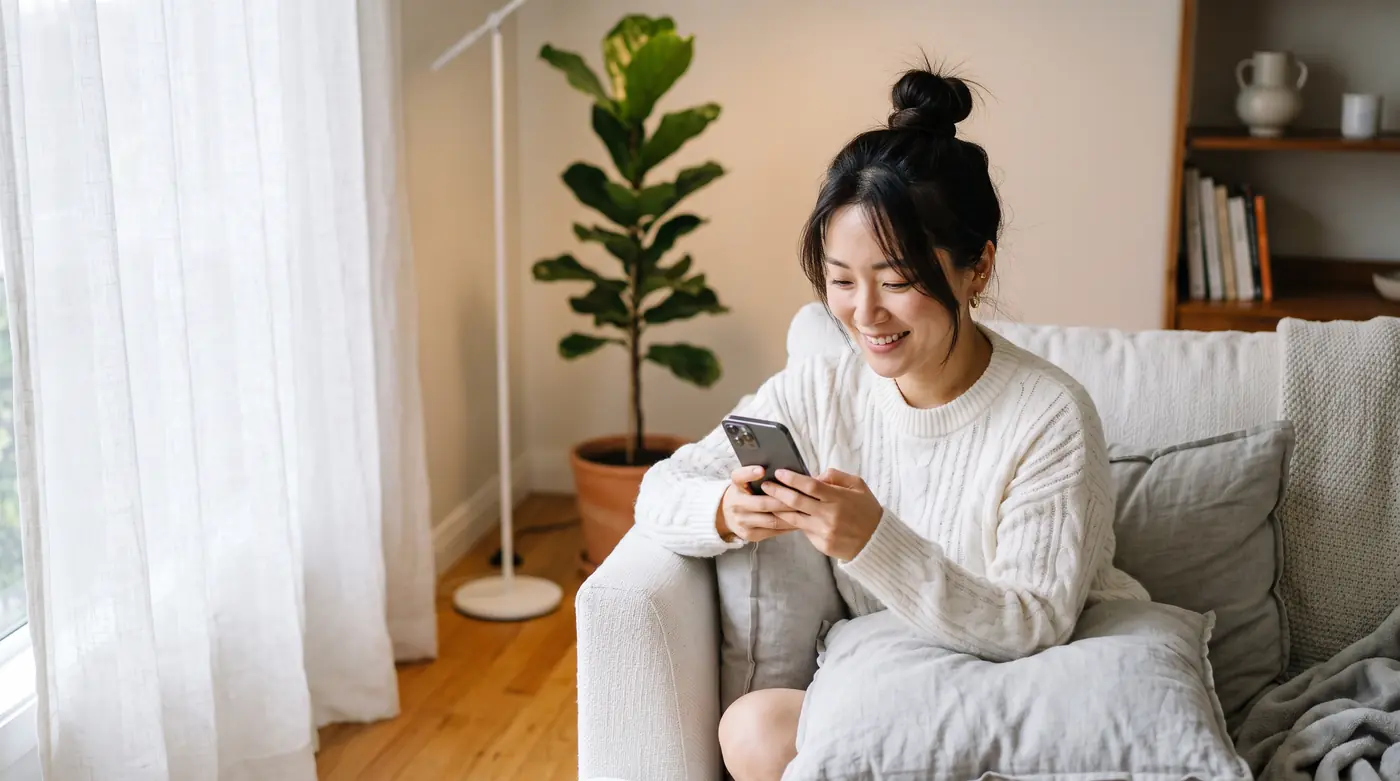 소파에서 휴대폰을 사용하는 사람